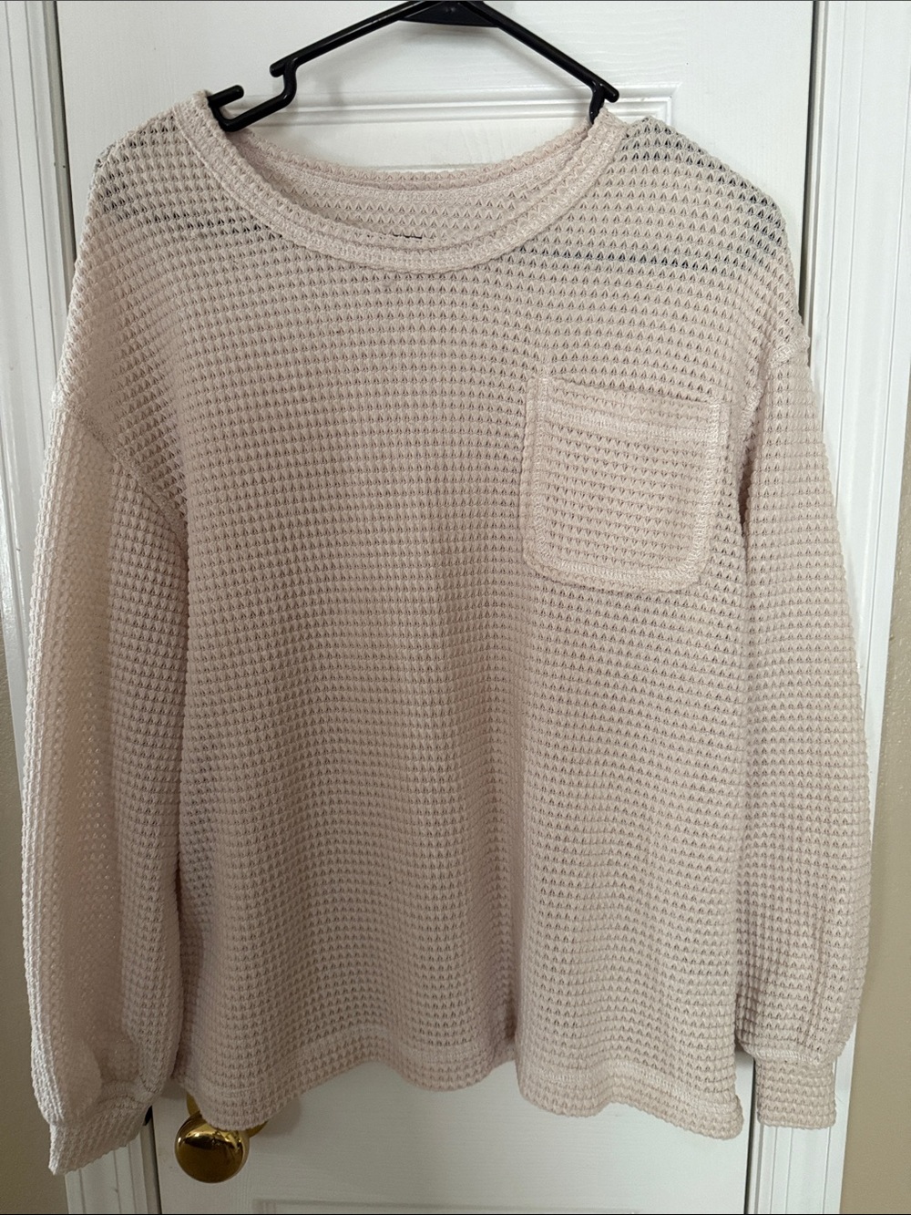 SHEIN Cream Waffle Knit Crewneck Sweater with Chest Pocket